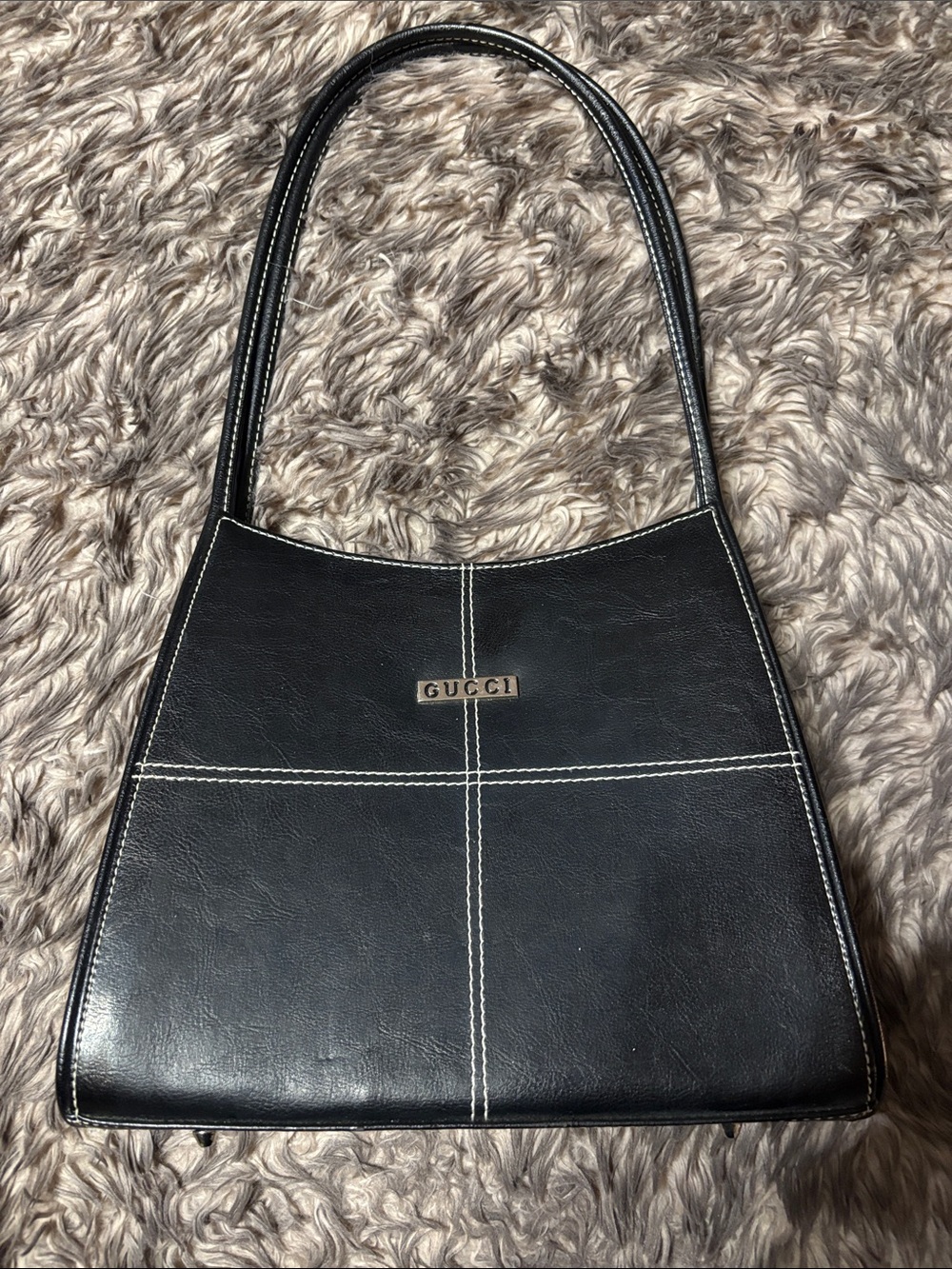 NWOT Black Leather Shoulder Bag with White Contrast Stitching